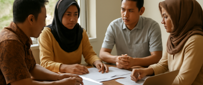 Warga berdiskusi memantau kebijakan publik dengan dokumen dan laptop di meja